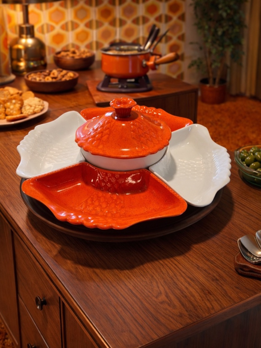 70’s MidCentury California Pottery serving set lazy Susan orange sectioned tray